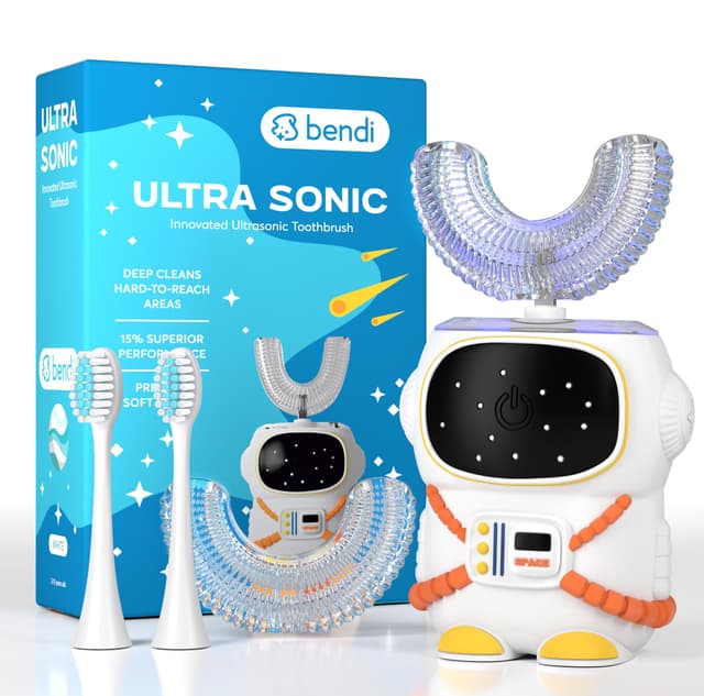 Sensory 360 Round U-Shaped Astronaut Design Mouthguard Electric Toothbrush for Kids Ages 2-7 - Automatic Memory Function - 5 Modes Toothbrush with Multiple Heads – Kids Travel Essentials (White)