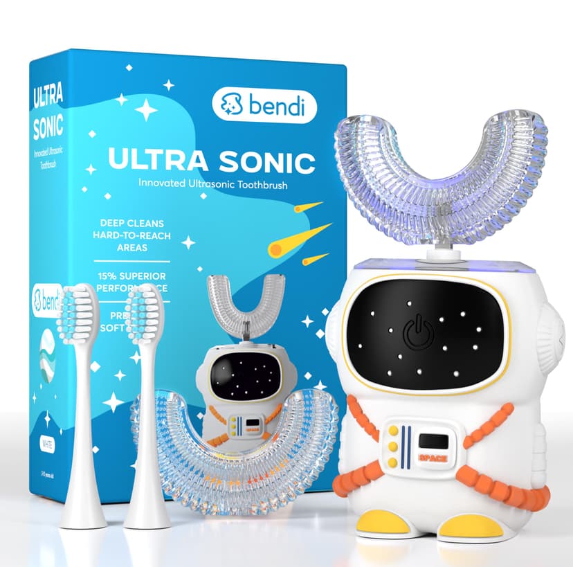 Sensory 360 Round U-Shaped Astronaut Design Mouthguard Electric Toothbrush for Kids Ages 2-7 - Automatic Memory Function - 5 Modes Toothbrush with Multiple Heads – Kids Travel Essentials (White)