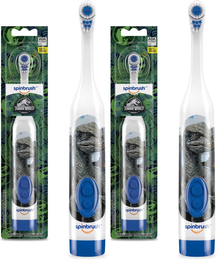 Spinbrush Jurassic World Battery Powered Electric Toothbrush for Children Ages 3+ with 1 AA Battery, Soft Head Bristles, Leakproof SoftSwitch, Ready-to-Use (Pack of 2)
