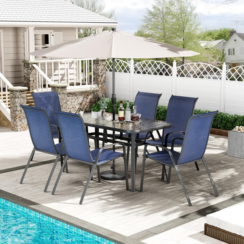 TLSUNNY 7 Pieces Patio Dining Set, Outdoor Table and Chairs W/1.69″ Umbrella Hole, 30"X 55" Table and Stackable Textilene Chair, All Weather Patio Furniture Set (Umbrella not Included) (Navy Blue)