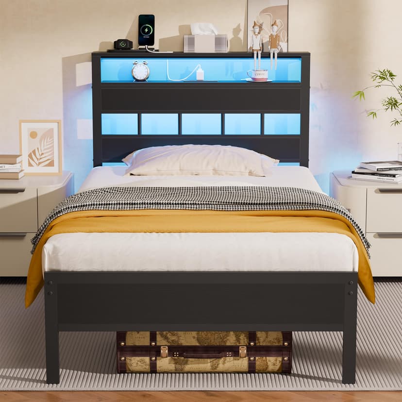 Furnulem Twin Bed Frames with Charging Station and LED Lights, Twin Size Platform Bed with Metal Slats, Wood Headboard with 2-Tier Storage Shelves, No Box Spring Needed, Black Oak