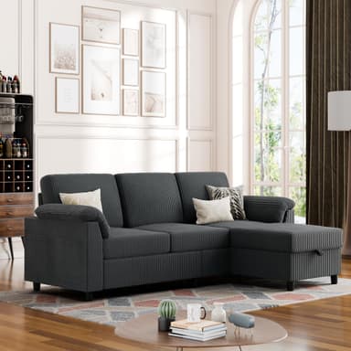 Vongrasig Convertible Sectional Sofa Couch, 3 Seat L Shaped Sofa with Removable Pillows Soft Corduroy Fabric Small Couch Mid Century for Living Room, Apartment and Office (Gray)