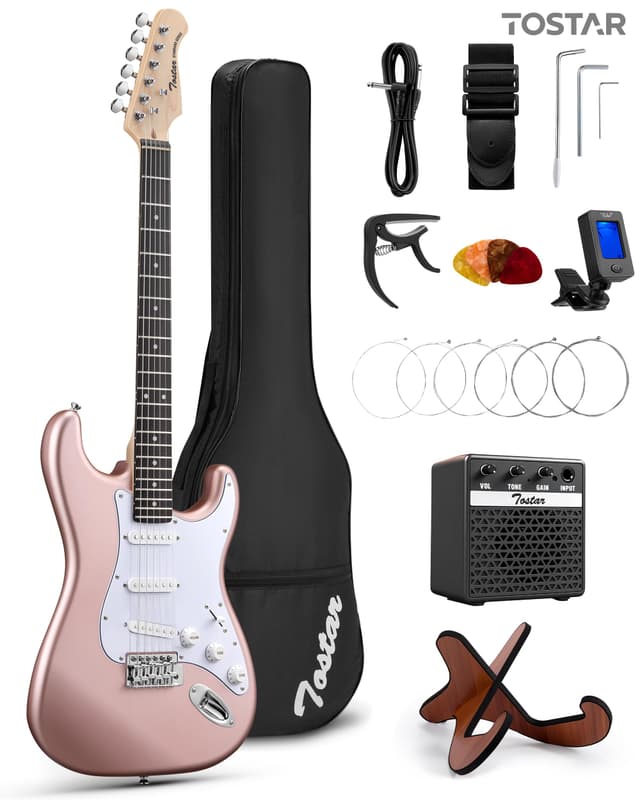 Tostar 39" Full Size Electric Guitar Kit For Beginners And Adults,SSS Pickup Stratocaster Guitarra Electrica Set Includes Tremolo Bridge,Amp,Strings,Stand,Case Bag, Birthday Holiday Gifts, Champagne