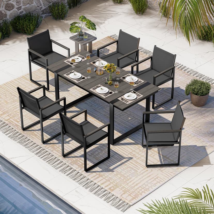 Oasbira Outdoor Dining Set, HDPS + Aluminum Patio Table and Chairs Set with U-Shaped Base, 7 Piece Outdoor Furniture Set with Umbrella Hole, Patio Dining Table Set for Garden, Backyard (Charcoal)