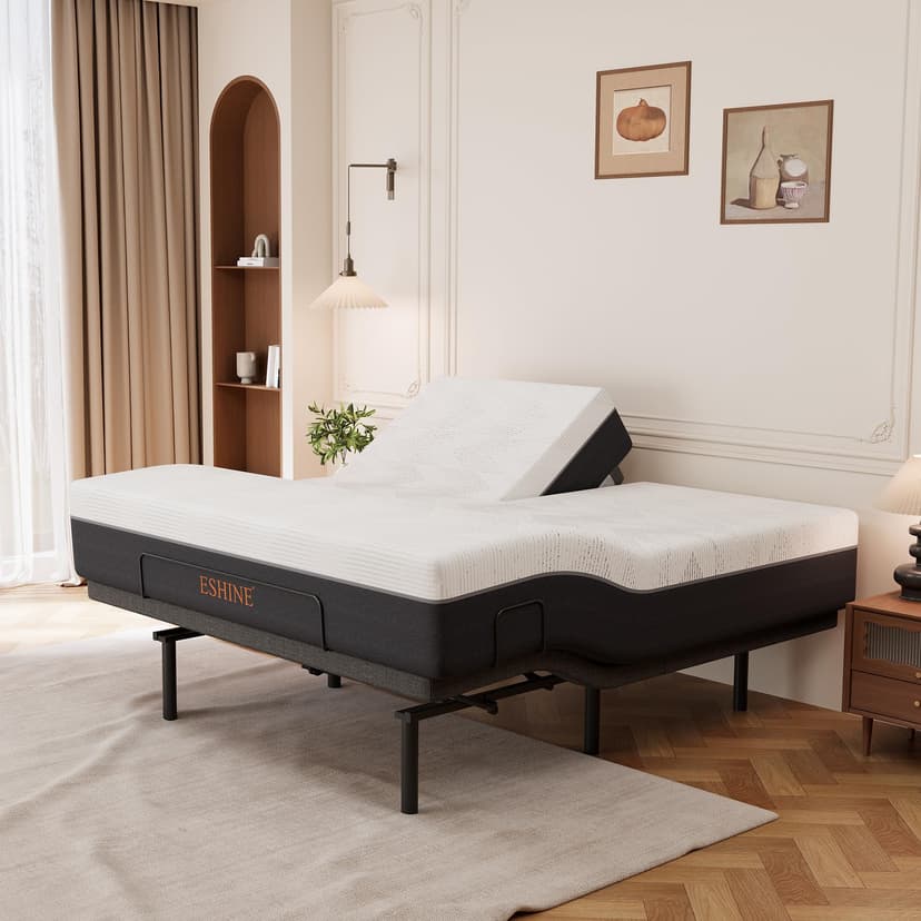 ESHINE Split Top King Adjustable Bed Frame with 14" Gel Memory Foam Mattress, Graphene Cover - Electric Upholstered Base, Massage Function, Wireless Remote, USB Ports, Under Bed Light, Grey