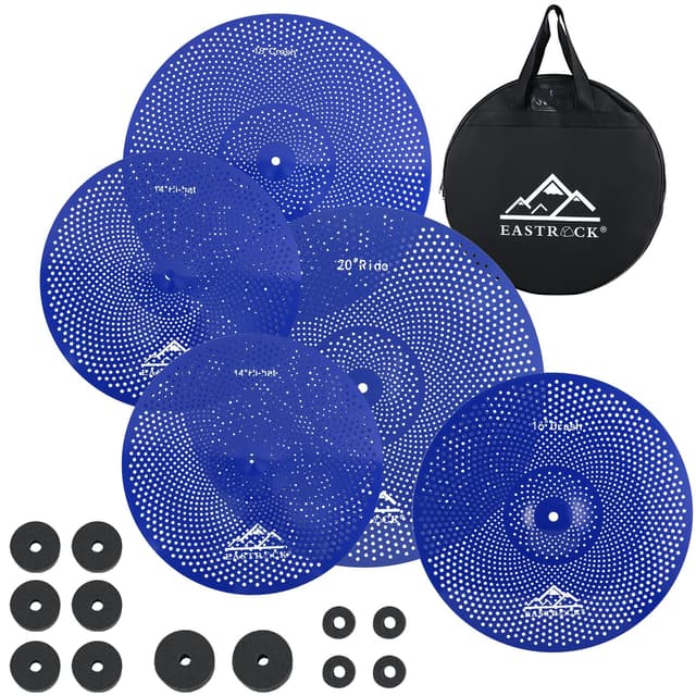 EASTROCK Low Volume Cymbal Pack - 5 Piece Set With Cymbal Bag & Felts - 14'' Hi-hat + 16'' Crash + 18'' Crash + 20'' Ride (Blue)