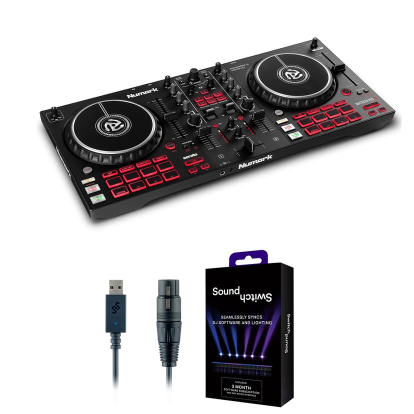 DJ Controller & DMX Bundle - 2 Deck DJ Set with Capacitive Touch Jog Wheels & Audio Interface - Numark Mixtrack Pro FX & SoundSwitch DMX Interface
