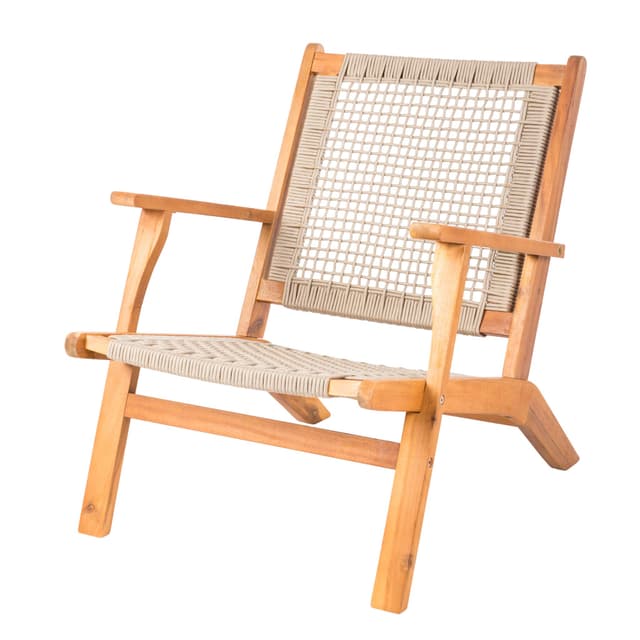 Patio Sense 62773 Vega Natural Stain Outdoor Chair Acacia Wood Construction Hand Woven Seat Mid Century Design Comfortable Reclining Armchair Patio Lawn Garden Backyard Deck - Ecru Cording