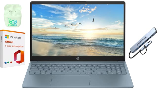HP 15.6" Business Laptop with Microsoft Office 365, 1.1TB Storage (128GB UFS + 1TB OneDrive), 16GB RAM, Quad-Cores Intel Processor, Windows 11, PLUSERA Earphones & 8-in-1 Hub Included, Moonlight Blue