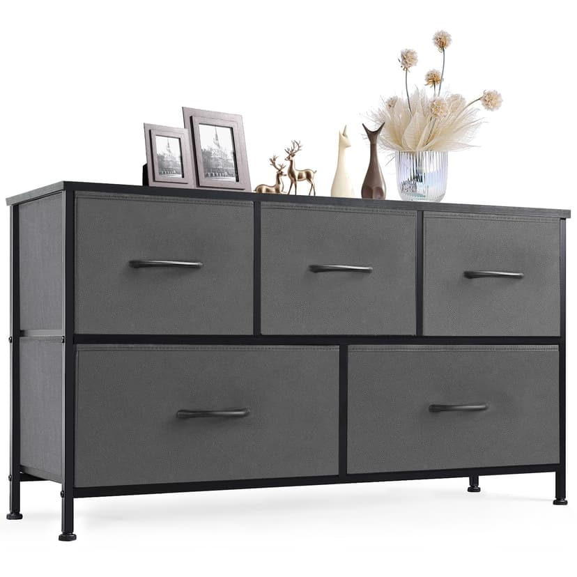 Sweetcrispy Dresser for Bedroom with 5 Storage Drawers, Fabric Storage Tower Organizer, Chest of Drawers with Metal Frame Wooden Top for Closet, Living Room, Entryway, Grey