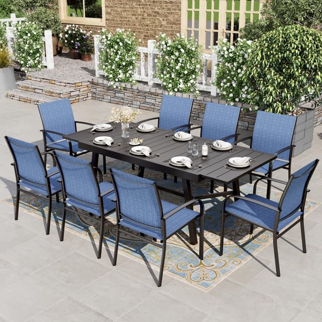 HERA'S HOUSE Extendable Patio Table and Chairs Set for 8, 9 Pieces Outdoor Dining Set, Rectangular Metal Dining Table with 8 x Chairs for Deck Lawn Garden Porch, Blue