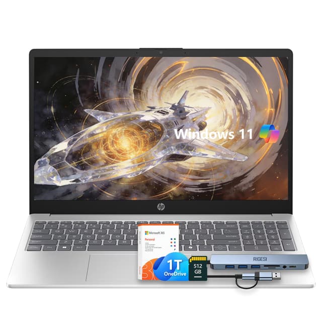 HP 15.6" Laptop – Complete Productivity Solution, Windows 11 With Microsoft Office, Intel 4 Core N100, 8GB RAM, 1.6TB Storage (128GB UFS + 512GB SD Card+1TB OneDrive), Copilot AI, Lightweight – Silver