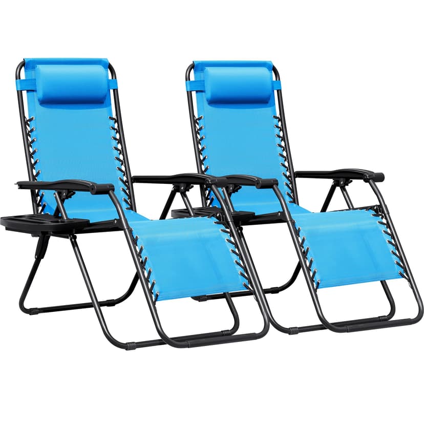 Greesum Zero Gravity Chairs Set of 2 Adjustable Steel Mesh Recliners Beach Deck Lawn Camping Patio Foldable Lounge Chair with Cup Holder Trays and Pillows,Sky Blue