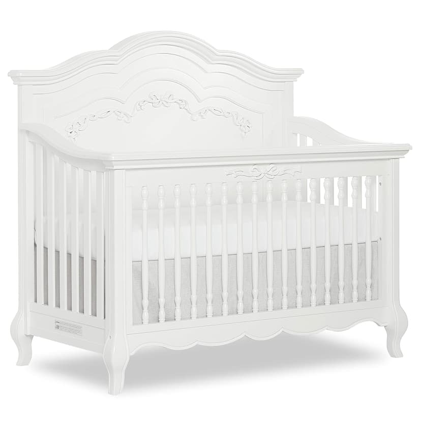 Evolur Aurora 5-in-1 Convertible Full-Size Baby Crib in Frost, GreenGuard Gold & BSA, 3 Mattress Heights, Ribbon Bow Scrollwork & Queen Anne Feet, Converts to Toddler, Day & Full-Size Bed