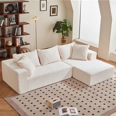 108" L-Shaped Boneless Couch, Modular Sectional Sofa with Moveable Ottoman, Corduroy Cloud Couches for Living Room, No Assembly, Ship in a Box, Beige