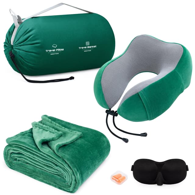 urnexttour Travel Pillow and Blanket Set Neck Pillows Travel Essentials with Sleep Mask for Airplane Car Memory Foam Green