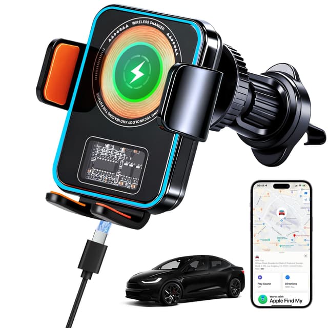 15W Fast Wireless Car Charger with Air Tracker Tag GPS Bulid in(iOS Only)-Air Vent Phone Mount, Works with Apple Find My, Hidden&Undetectable (Wireless Car Charger with Tracker)