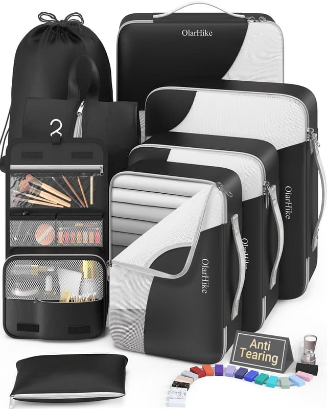 8 Set Packing Cubes for Travel, Gifts for Men,Anti-Tearing Suitcase Organizer for Luggage with Shoe & Hanging Toiletry Bag, OlarHike Vacation Accessories for Cruise, Travel Essentials for Men, Black