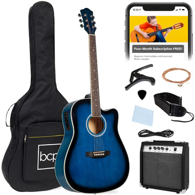 Best Choice Products Beginner Acoustic Electric Guitar Starter Set w/ 41in, All Wood Cutaway Design, Gig Bag, Strap, Picks - Blue