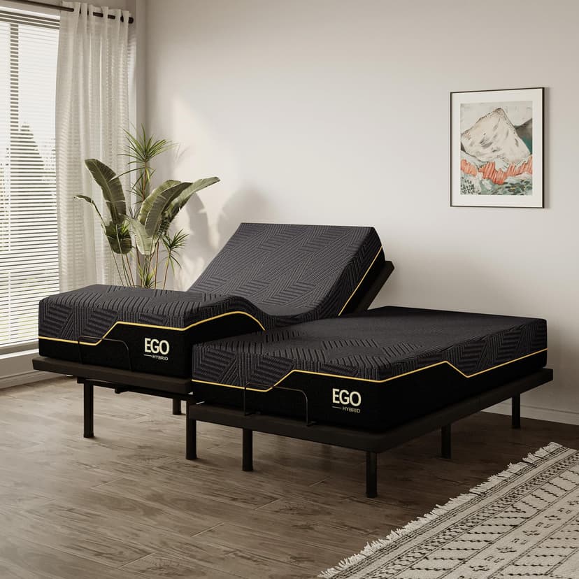 MLILY EGOHOME Split King Adjustable Bed Base Frame and 14 inch Memory Foam Mattress, Independent Head and Foot Incline Electric Foldable Metal Bed Base Electric, Wireless Remote,Zero Gravity