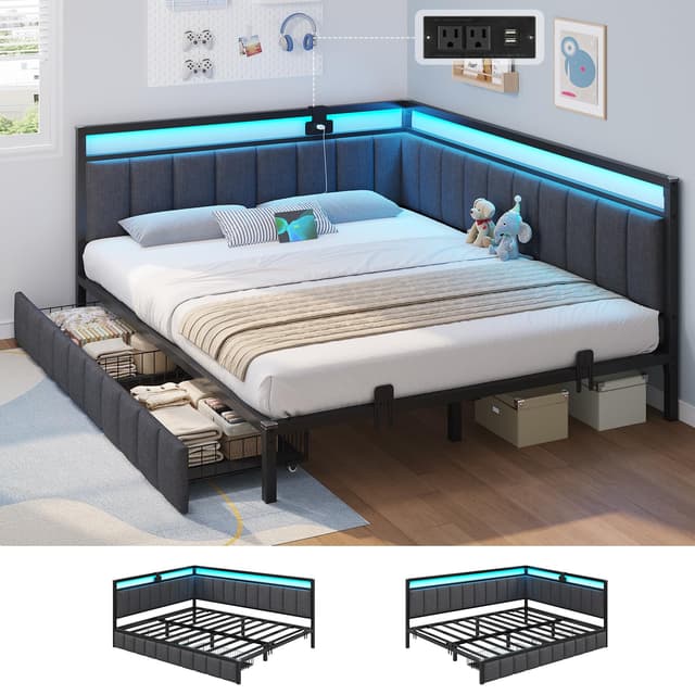 Hasuit Queen Corner Bed Frame with Storage Drawers, Queen Daybed with Line Fabric Upholstered Fence, Kids Bed Unit with LED Light and Charging Station, Modern Bed Frame Queen Size, Gray