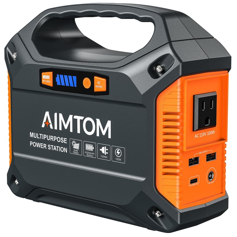 AIMTOM 155Wh Portable Power Station, 42000mAh Lithium Backup Battery with Flashlight, Solar Charging Option – 150W Peak (100W AC), 12V DC, USB & USB-C for Camping, Home, RV, Travel & Digital Nomads