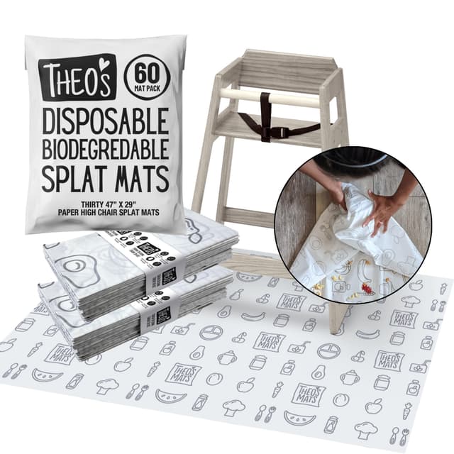 60 Pack | Disposable Splat Mats | THEO'S MATS | Highchair Splat Mat for Floor | Baby Led Weaning Supplies | Biodegradable (THEO001)