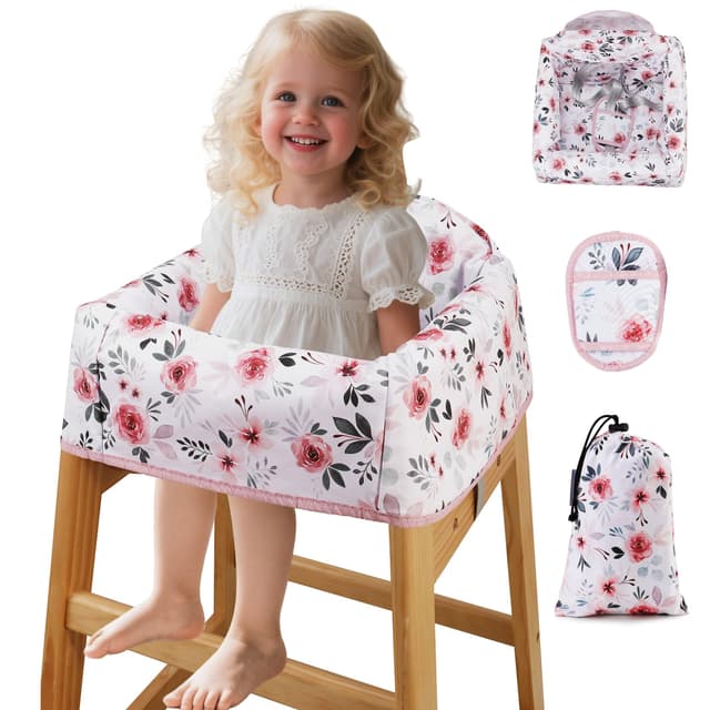 Lunobubo Baby High Chair Cover Restaurant with Strap Pads & 3-Point Harness, Machine Washable, Waterproof Portable Highchair Covers for Eating, Travel, Home Use - Fits Wooden Chairs, Pink Flowers