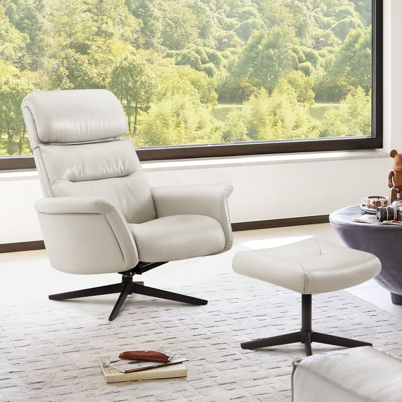 CHITA Genuine Leather Self-Weight Reclining Swivel Chair with Adjustable Headrest and Ottoman for Living Room, Office, Light Grey