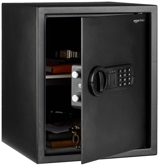 Amazon Basics Steel Home Security Safe with Electronic Keypad, Programmable Combination Lock for Documents, Jewelry, Valuables, Removable Shelf, 1.52 Cubic Feet, Black, 13.8"W x 13"D x 16.5"H