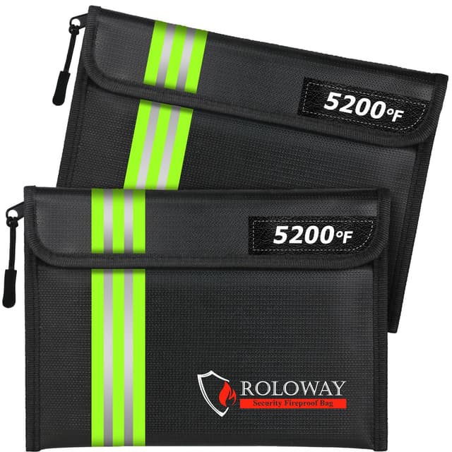 ROLOWAY Fireproof Bag (9.6 x 6.6 inches) 5200℉ Heat Insulated with Reflective Strip, Fireproof Money Bag with Zipper for Cash (2-Pack Black)