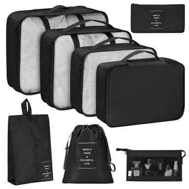 KPX 8 Set Packing Cubes for Travel, Luggage Packing Organizers Accessories Large Toiletries Bag for Clothes Shoes Cosmetics (Black)