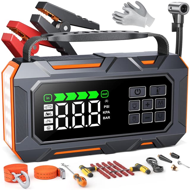 Portable Jump Starter with Air Compressor 8000A 160PSI, 16-in-1 Car Battery Jump Starter with Emergency Kit, Auto-Shutoff Tire Inflator, Jumper Cables, Jump Box Car Battery for All Gas/14L Diesel