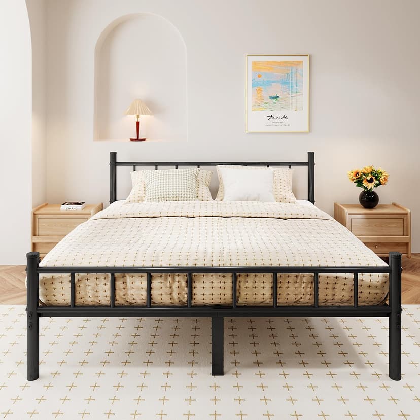 zizin King Size Metal Bed Frame with Headboard & Footboard 14 Inch Metal Platform Mattress Foundation Support with Steel Slat, Under Bed Storage, No Box Spring Needed