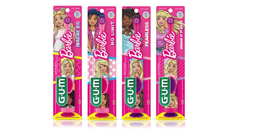 GUM Barbie Kids Battery Power Electric Toothbrush with Suction Cup Base for Home or Travel Oral Health and Dental Plaque Removal, Ages 3+, 1ct(4Pk)