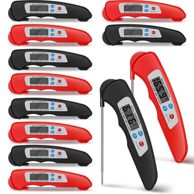 Xuhal 12 Pcs Digital Meat Thermometer with Probe Waterproof Instant Read Foldable Food Thermometer with Magnet for Kitchen Grilling Cooking Turkey Baking BBQ(Black, Red)