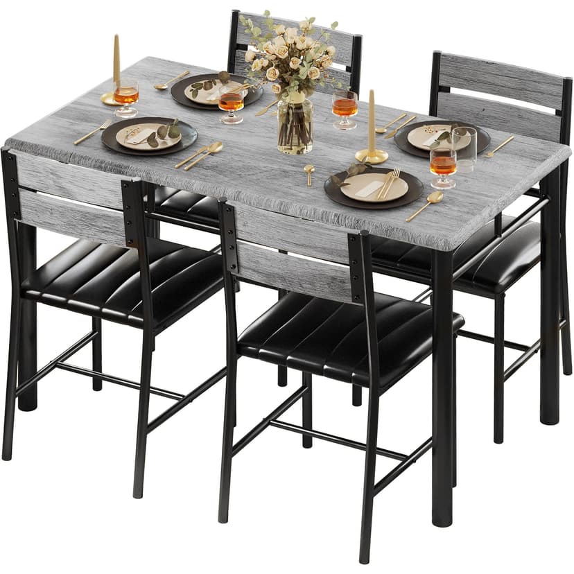 IRONCK Dining Table Set for 4, Wood Kitchen Table with Upholstered Chairs for Kitchen Room and Small Spaces, Grey