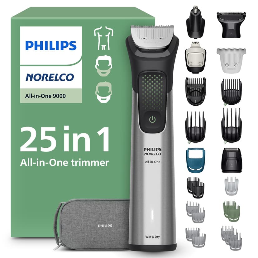 Philips Norelco All-in-One 9000 Series 25-Piece Trimmer - Electric Shaver and Clipper for Face, Beard, Head & Body, Self-sharpening Full Metal Blades, 27 Length Settings (0.5-20 mm), MG9580/40