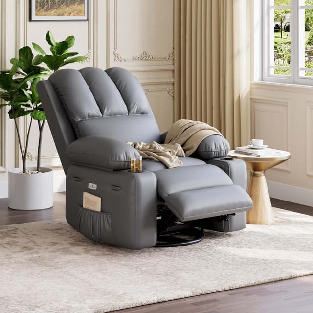 GarveeHome Recliner Chair, 360° Swivel Rocker Recliners with Heat & Massage, Soft Lazy Boy Recliner Chair with 2 Cup Holders and Side Pocket for Living Room Bedrooms and Nurseries (Grey, Regular)
