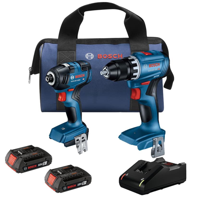 BOSCH GXL18V-27B22 Power Tool Combo Kit - 18V Brushless Compact 1/2 In. Cordless Drill Driver and 1/4 In. Hex Impact Driver (Includes: Two 2.0Ah Batteries, 18V Charger, and Carrying Tool Bag)