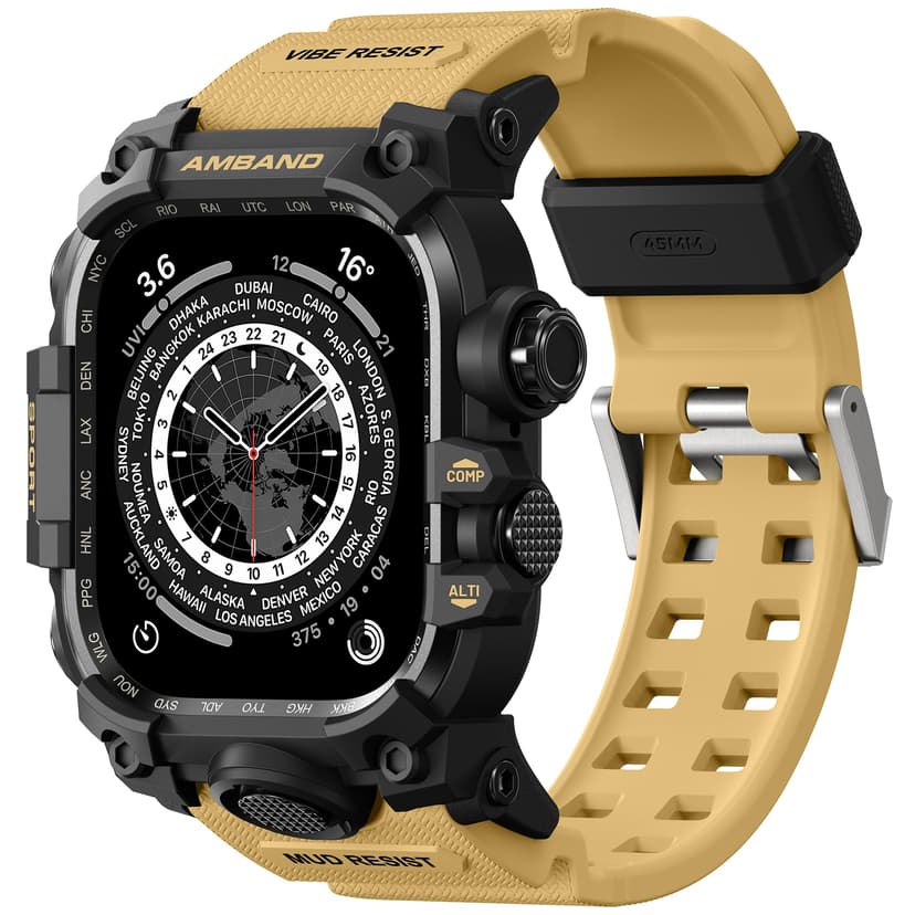 amBand Rugged Case with Band for Apple Watch 45mm, Compatible with Apple Watch (iWatch) Series 9/8/7, Military Grade Shockproof Bumper Cover, Tactical Band for Men, Sand Beige