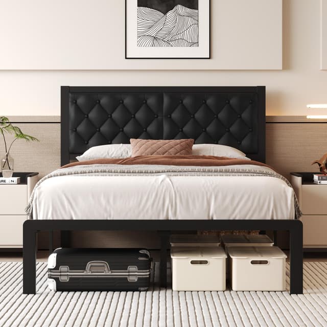 Fluest Full Bed Frame with Headboard PU Leather Upholstered Bed Frame Platform,All Metal Slats Support Platform Bed Frame with Storage Space,Easy Assembly,Noise Free,No Box Spring Needed,Black