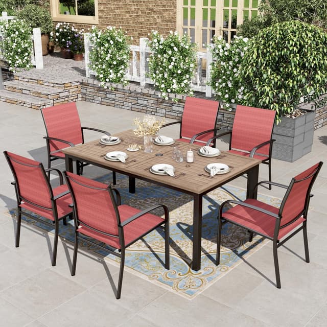 HERA'S HOUSE Red Patio Furniture Outdoor Dining Set, 64" Wood-Grain Metal Table with Umbrella Hole, 6 Textilene Chairs for Yard Garden Porch Poolside