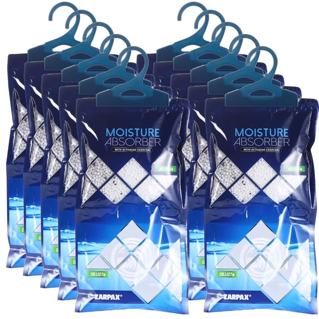 ZARPAX Hanging Moisture Absorber Activated Charcoal 10.6 oz/300g | Moisture Absorbing Bags for Bathroom, Closet & Kitchen | Removes Moisture, Humidity & Odors | Portable Dehumidifier | Set Of 10