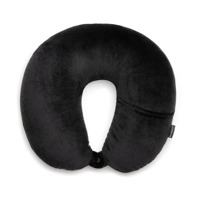 Brookstone Microbead Travel Head and Neck Pillow Lightweight and Plush with Phone or Headphone Pocket, Black