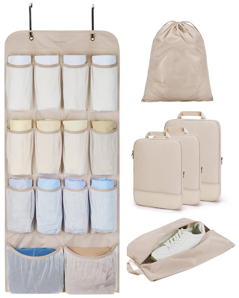 BAGSMART Hanging Compression Packing Cubes for Closet Organizers And Storage, 6 Set Suitcase Organizer Bags Set, Cruise Travel Essentials for Women, Latte Brown