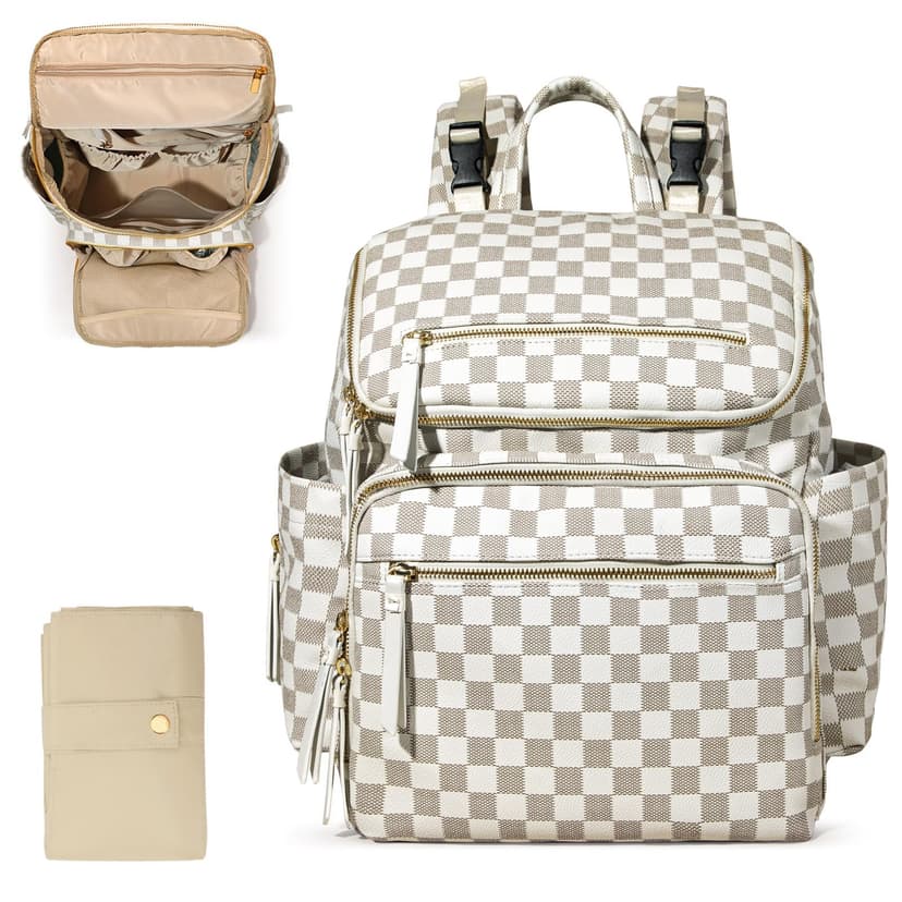 Omanmoli Checkered Diaper Bag Backpack Large Baby Diaper Bag Leather with 17 Diaper Bag Organizing Pouches,Changing Pad,Stroller Straps,4 Insulated Pockets,Beige&Honey