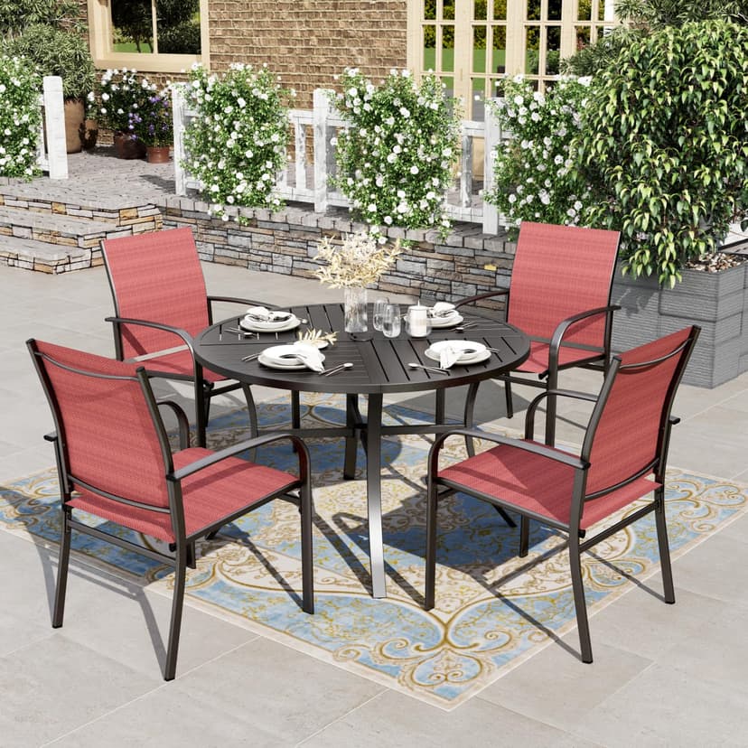 HERA'S HOUSE 5 Pieces Patio Dining Set, Outdoor Table and Chairs Set for 4, 4 x Red Textilene Dining Chair and 42" Metal Round Table for Lawn Garden Backyard Deck