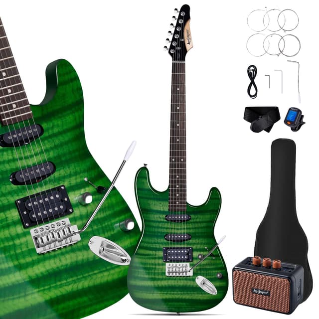 Leo Jaymz 39" Full Size ST Style Electric Guitar Starter Kit with SSH Pickup, 5W Portable Amp, Tuner, Gig Bag, Strap & Accessories (Green Flame)