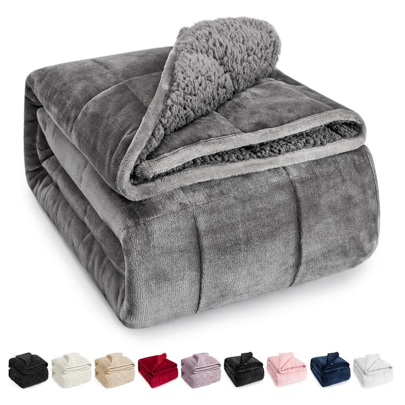 Wemore Sherpa Fleece Weighted Blanket for Adult, 15 lbs Dual Sided Cozy Fluffy Heavy Blanket, Ultra Fuzzy Throw Blanket with Soft Plush Flannel Top, 48 x 72 inches, Grey on Both Sides